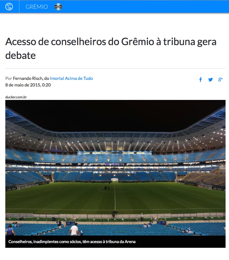 Site da ESPN 08/05/2015 8 de maio de 2015 MGV participa de reportagem do site da ESPN sobre o acesso de conselheiros do Grêmio à Tribuna  Para ler a matéria na íntegra, acesse http://espnfc.espn.uol.c