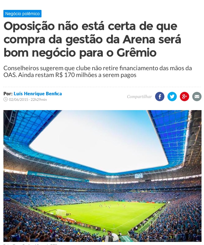 Zero Hora 02/06/2015 2 de junho de 2015 Reportagem do Jornal Zero Hora sobre a compra da gestão da Arena cita a opinião de Renato Moreira, liderança do MGV Para ler a matéria na íntegra, acesse http:/
